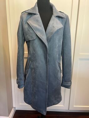 Magaschoni Slate Blue Faux Suede Trench Coat Jacket - Size Small EUC
